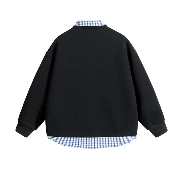 领航骆驼 假两件格子拼接翻领美式舒适卫衣 男女同款