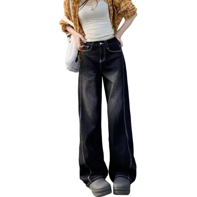 如续 美式复古街头渐变小众设计感个性垂感阔腿裤百搭舒适宽松牛仔裤 女款