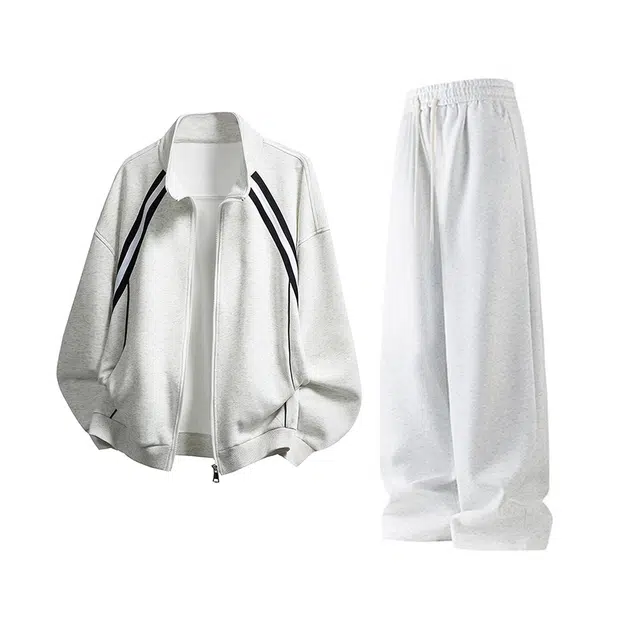 素杭 美式重磅织带反光条立领开衫卫衣外套搭配基础纯色松紧腰直筒卫裤两件套潮流穿搭一整套休闲运动套装 男女同款