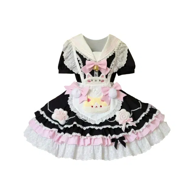 敲模女孩 甜美风可爱少女感蓬蓬连衣裙拼接爱心蝴蝶结收腰小猫围裙裙装套装 女款