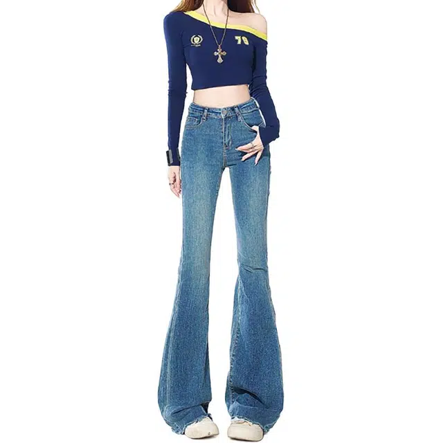 如续 美式复古高腰弹力修身显瘦毛边拖地喇叭女&长裤加长九分牛仔裤 女款