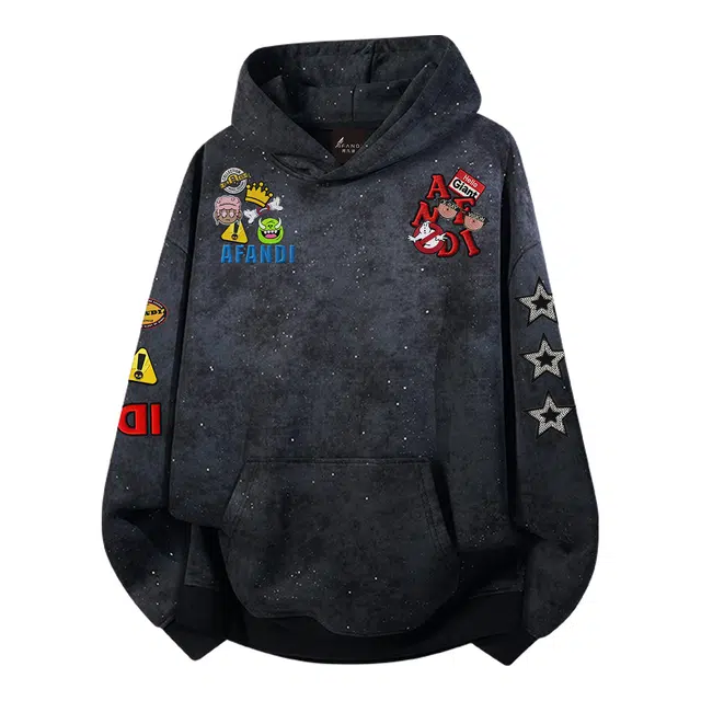 阿凡迪 仿刺绣满天星高街复古时尚潮流个性创意简约字母小标印花宽松日常通勤休闲运动经典百搭长袖氛围感套头连帽卫衣 男女同款