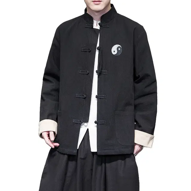 加荣 中国风刺绣棉麻夹克男款潮流痞帅中山装男士秋季宽松百搭开衫男装上衣复古时尚衬衫男生新中式立领盘扣唐装汉服外套 男女同款