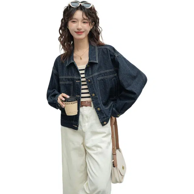 思蓓儿 复古街头美式做旧翻领宽松系扣夹克开衫女上衣牛仔外套 女款