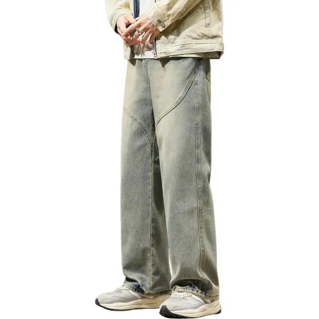 瑞梵帝斯 美式柔感不硬舒适亚比风复古高街通勤做旧水洗中腰废土风宽松弹力百搭裤垂感分割直筒休闲时尚牛仔裤 男款