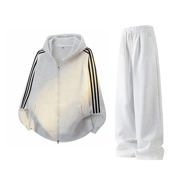 素杭 美式帽衫宽松撞色条纹连帽开衫卫衣搭配基础纯色抽绳松紧腰直筒卫裤两件套潮流一整套休闲运动套装 男女同款