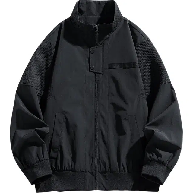 马员外 美式高街复古纯色宽松百搭休闲拼接翻立落肩日常通勤拉链潮流夹克 男女同款