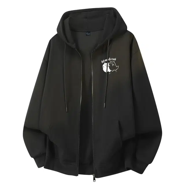 阿凡迪 重磅华棉学院风可爱小猫字母印花校园百搭户外通勤亲肤舒适宽松休闲长袖落肩套头连帽开衫卫衣 男女同款