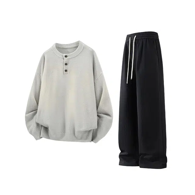 素杭 中性风复古基础纯色百搭套头针织毛衣搭配潮流宽松松紧腰直筒卫裤两件套休闲运动套装 男女同款