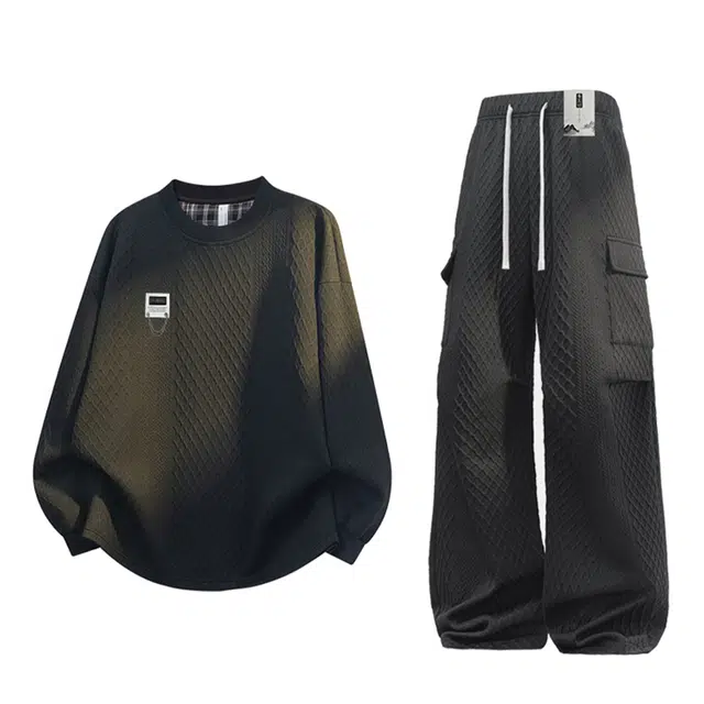 【免搭配一套显高显瘦】布客行 美式复古麻花肌理感简约高级轻奢老钱圆领长袖卫衣可拆卸别针工装弯刀直筒春秋百搭舒适休闲套装 男女同款