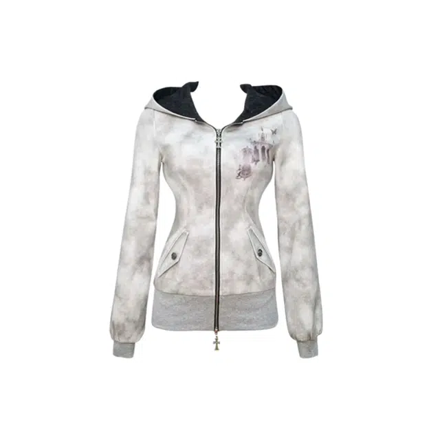 望莱仕 春秋雾野喵修身猫耳连帽亚文化神圣教堂印花开衫外套女卫衣 女款