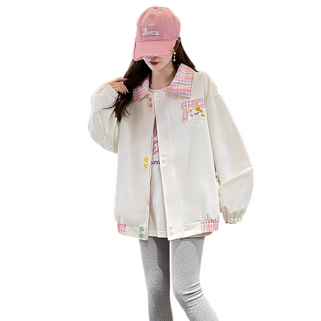 荟萃阁 甜美可爱休闲格子百搭刺绣棒球服外套少女夹克 女款