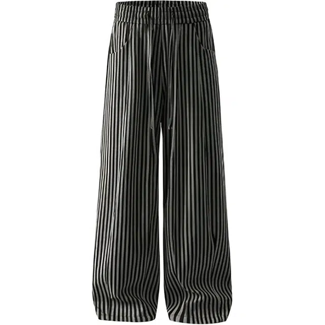 拾个壹先生 美式复古高街小众痞帅潮牌慵懒竖条纹裤无性别主义穿搭亲肤柔软时尚百搭设计感高级感宽松直筒阔腿裤垂感松弛长裤休闲裤 男女同款