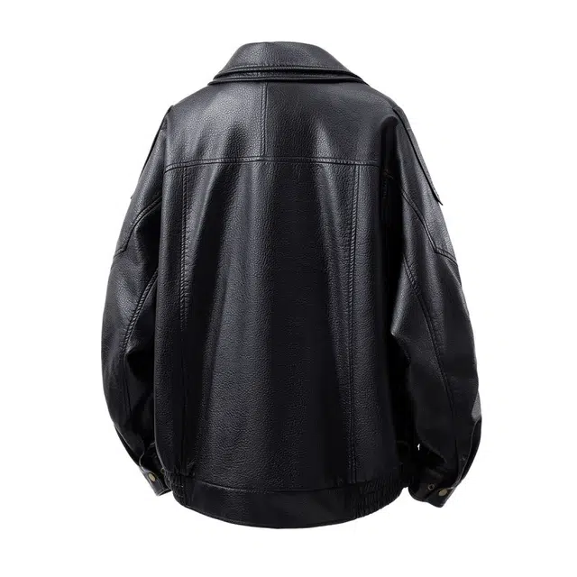 马员外 机车大码皮衣廓形荔枝纹双层领时尚简约百搭夹克外套 男款