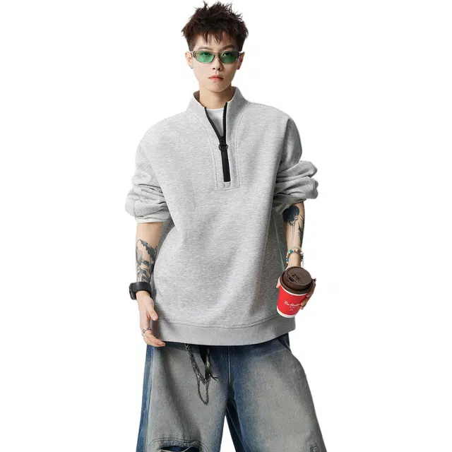 佐菲利 美式复古设计感大拉链立领高街长袖情侣上衣卫衣 男女同款