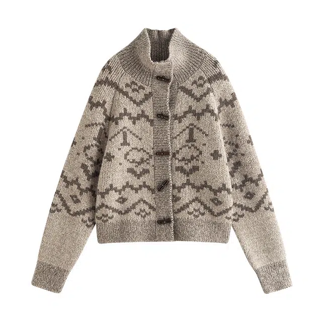 茵曼 复古费尔岛提花高领开衫宽松长袖针织衫 女款