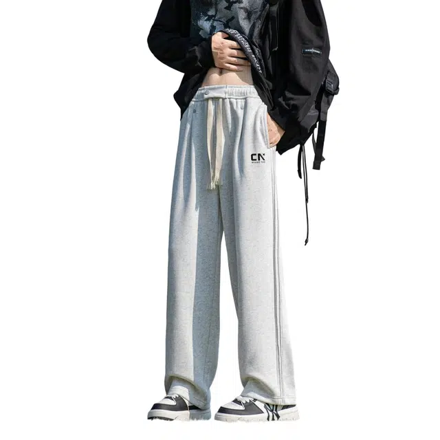 中国航天 美式潮牌纯色简约纯基础复古分割线纯侧边褶皱校园风潮流帅气松紧腰口时尚百搭直筒中腰宽松垂感运动阔腿休闲裤 男女同款