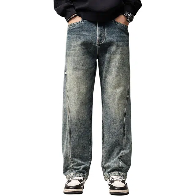 贵色 美式复古高街痞帅时尚拼接水洗做旧耐磨设计潮牌宽松日常穿搭垂感牛仔裤 男女同款