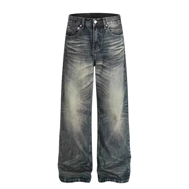 一碗士多 美式高街百搭做旧水洗复古垂感拖地个性经典痞帅阔腿直筒通勤日常户外拍照基础款牛仔裤 男女同款