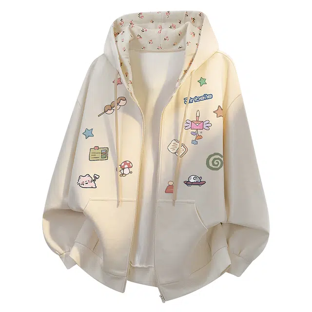 金贝勒 美式高街创意卡通图案字母印花复古小碎花拼接时尚重磅秋装上衣拉链开衫外套休闲百搭宽松连帽情侣卫衣 男女同款