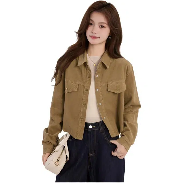 荟萃阁 小众短外套复古长袖简约纯色短款小个子衬衫 女款