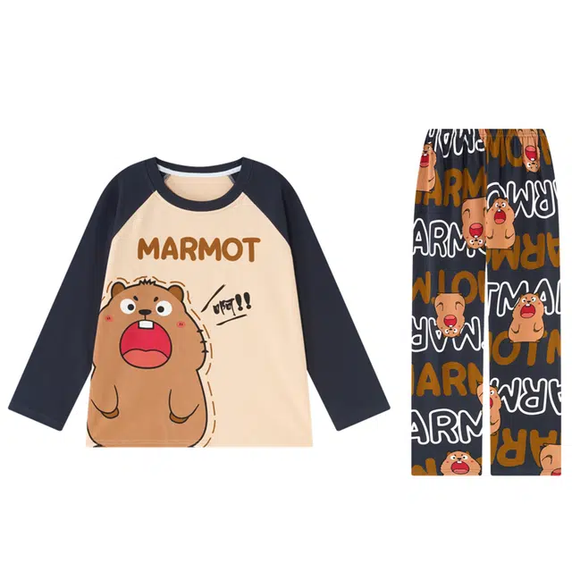 俏霓桐 卡通可爱学生青少年舒适长袖长裤纯棉圆领可外穿时尚家居服睡衣套装 男款