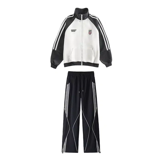 敲模女孩 学院风长袖卫衣开衫外套搭高腰设计感阔腿长裤运动服情侣装休闲套装 男女同款