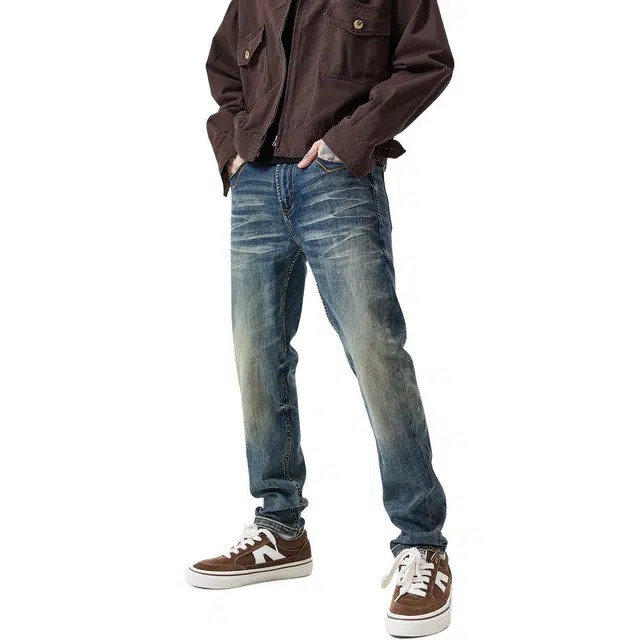 逆腾 秋季重工水洗长裤男复古小直筒男裤猫须修身小脚牛仔裤 男款