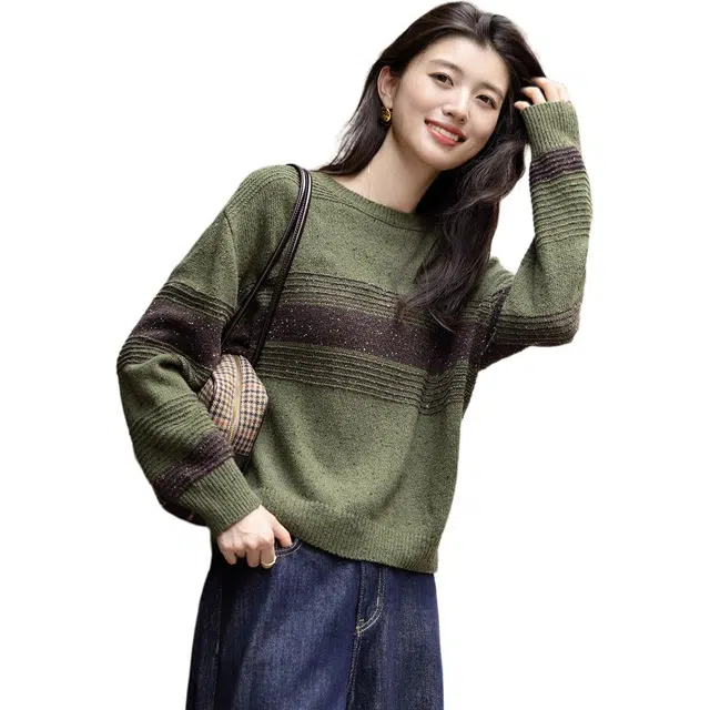 【dme】 复古圆领撞色罗纹宽松长袖上衣简约时尚舒适休闲百搭温暖温柔针织衫 女款