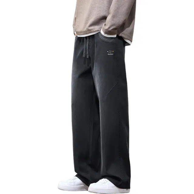 协协乐 高街机能风美式复古做旧水洗春秋季潮牌宽松直筒阔腿拖地裤弹力抽绳百搭休闲运动长裤牛仔裤 男款