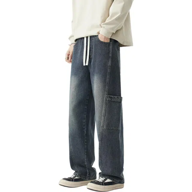 瑞梵帝斯 美式重工潮牌水洗做旧工装机能风显高显瘦纯色宽松百搭松紧系带伞兵裤户外登山通勤日常垂感拖地阔腿牛仔裤 男款