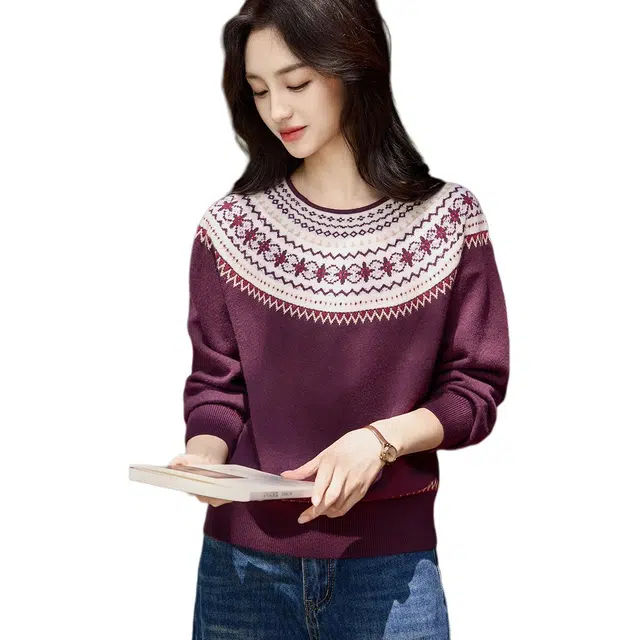 【dme】 冬季圆领撞色线衫罗纹微弹包容身材秋季上衣长袖欧美风格舒适温暖设计时尚百搭提花图案高品质面料经典款式针织衫 女款