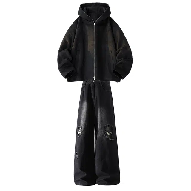 梓润格 美式秋季潮流高街时尚慵懒风开衫针织夹克简约高级感百搭无性别主义复古显高显瘦宽松阔腿牛仔裤休闲运动套装 男女同款