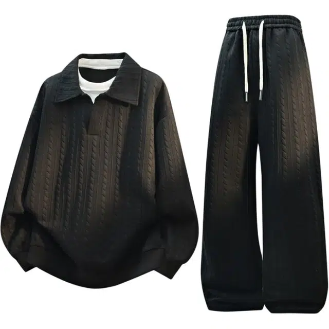 宝米卡 秋冬季提花假两件宽松休闲衬衫领长袖上衣卫裤卫衣套装 男女同款