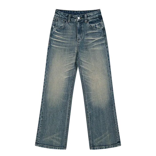 隐狼世家 美式复古男士宽松直筒水洗做旧阔腿长裤子牛仔裤 男款
