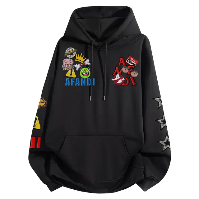 阿凡迪 仿刺绣美式高街复古时尚潮流个性创意简约字母小标印花宽松日常通勤休闲运动经典百搭长袖氛围感学院风套头连帽卫衣 男女同款