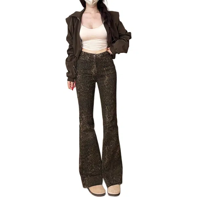 如续 美式复古豹纹辣妹风高腰微喇裤修身弹力潮流百搭显腿长喇叭牛仔裤 女款