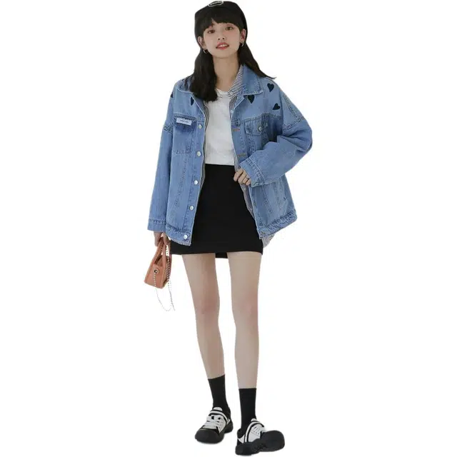 思蓓儿 重工夹克小个子爱心女韩版宽松牛仔外套 女款