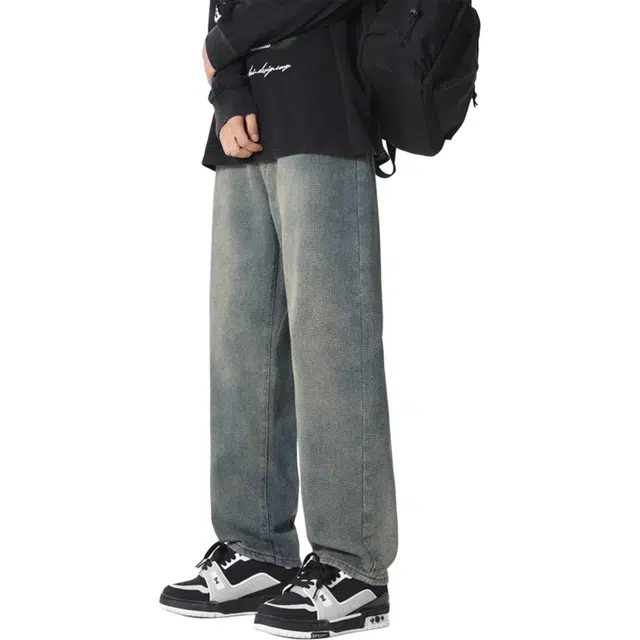 瑞梵帝斯 美式高街小众经典百搭纯色个性有型时尚宽松舒适亲肤垂感拖地阔腿直筒裤子做旧水洗设计户外运动通勤牛仔裤 男款
