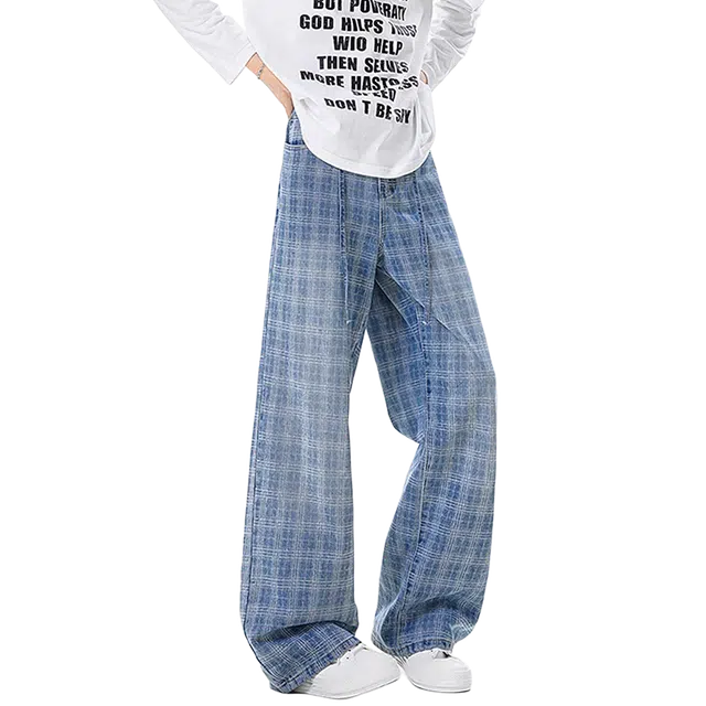 一碗士多 美式高街小众百搭复古做旧格子设计感宽松舒适垂感拖地阔腿直筒通勤日常个性时尚痞帅牛仔裤 男女同款