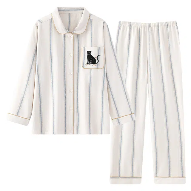 静英鸾 秋季翻领长袖长裤条纹卡通动物甜美风休闲舒适家居服睡衣套装 女款