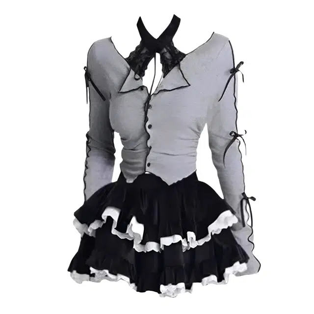 望莱仕 纯欲风长袖甜辣蓬蓬开衫芭蕾丝绒短裙蛋糕上衣女裙装套装 女款