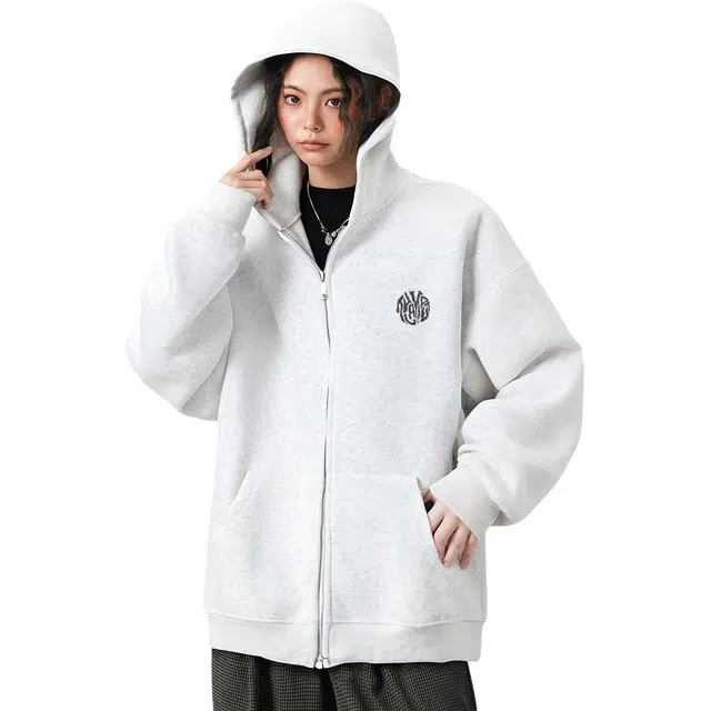 图兰朵 美式休闲高街宽松图案印花开衫简约外套连帽卫衣 男女同款