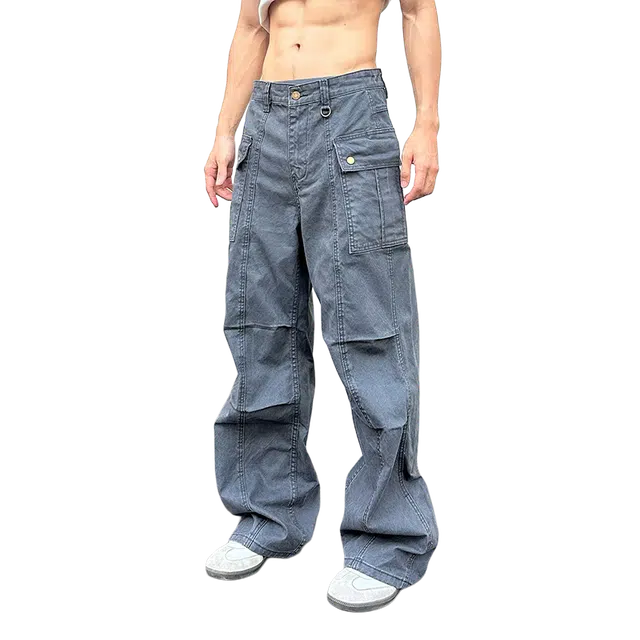 一碗士多 美式复古高街小众百搭纯色褶皱拼接垂感拖地阔腿直筒大口袋设计宽松舒适通勤户外运动日常个性时尚休闲裤 男女同款