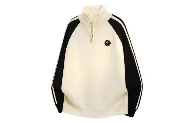 空白町 高街个性慵懒感复古学院风简约休闲潮流多条杠拼色运动品牌字母胸针立领长袖套头高智老钱风百搭时尚宽松针织衫  男女同款