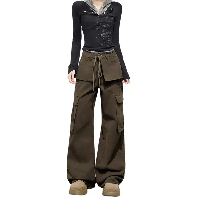 如续 美式复古小众设计感多口袋高腰百搭宽松显瘦高街伞兵休闲工装裤 女款