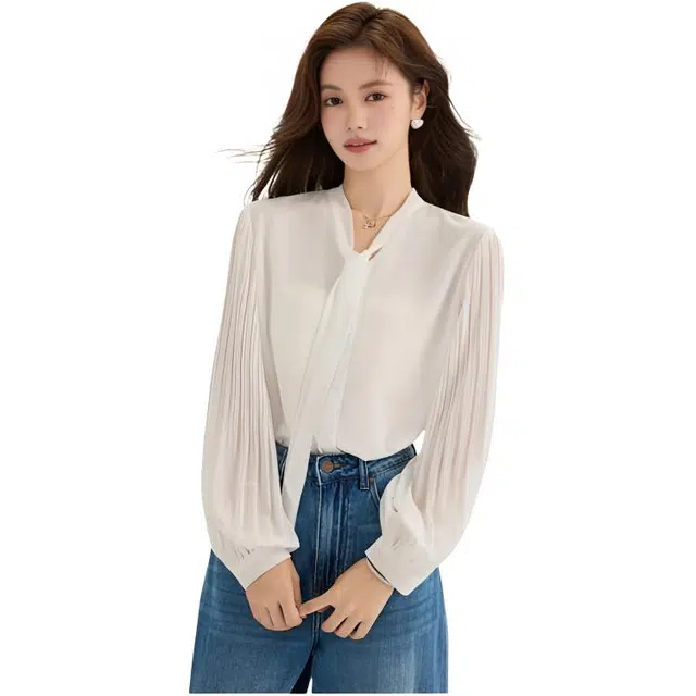 荟萃阁 飘带雪纺风琴褶灯笼袖系带衬衣通勤上衣衬衫 女款
