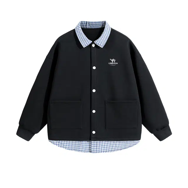 领航骆驼 假两件格子拼接翻领美式舒适卫衣 男女同款