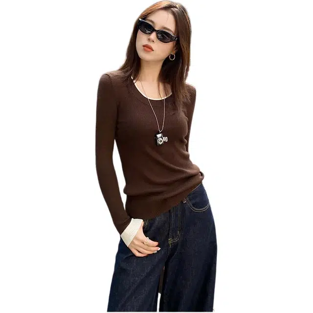 思蓓儿 圆领撞色秋冬内搭设计感修身打底衫长袖上衣针织衫 女款