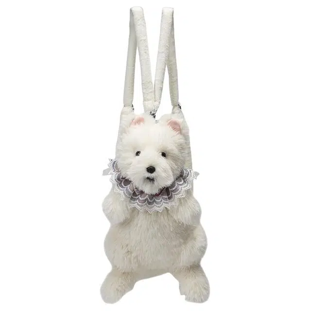 單倉 可爱玩偶西高地小狗学院风旅行逛街 仿真毛料 双肩包 常规 女款 白色